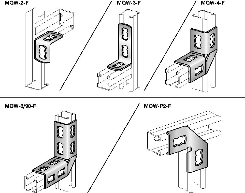 MQW 90°-F Angle connector Hot-dip galvanised (HDG) 90-degree angle for connecting multiple MQ strut channels